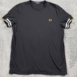 Fred Perry T Shirt Gold Black Striped Chest Logo Casual Multicolor Size Large